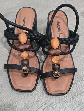 Dakota Black Braided Beaded Toe-Ring Leather Sandals - Black with Orange Accents